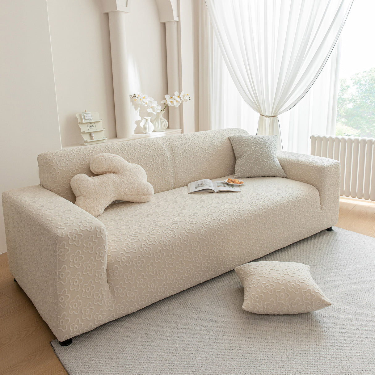 High Stretch Jacquard Sofa Slipcover, Soft Spandex Textured Floral Couch Cover