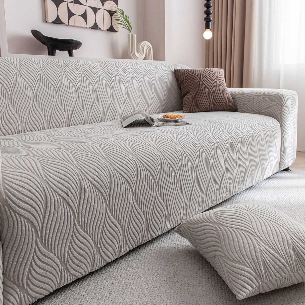 Modern Wavy Jacquard Sofa Slipcover, High Stretch Sofa Cover with 3D Organic Texture