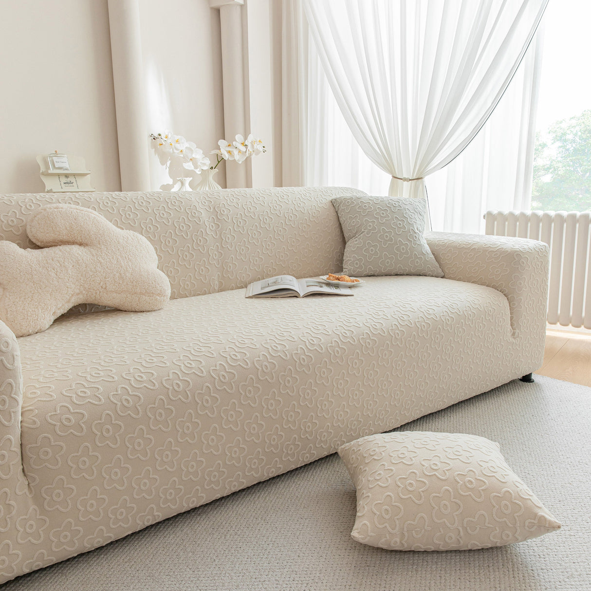 High Stretch Jacquard Sofa Slipcover, Soft Spandex Textured Floral Couch Cover