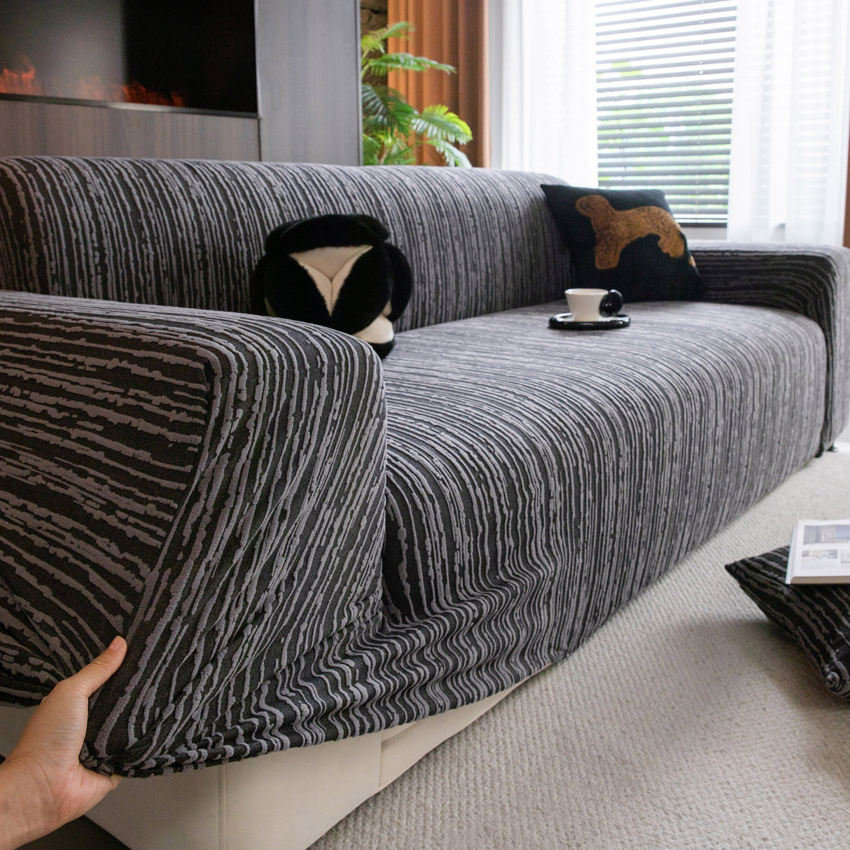 High Stretch Couch Slipcover with Abstract Stripe, Washable Non-Slip Cover for Dogs
