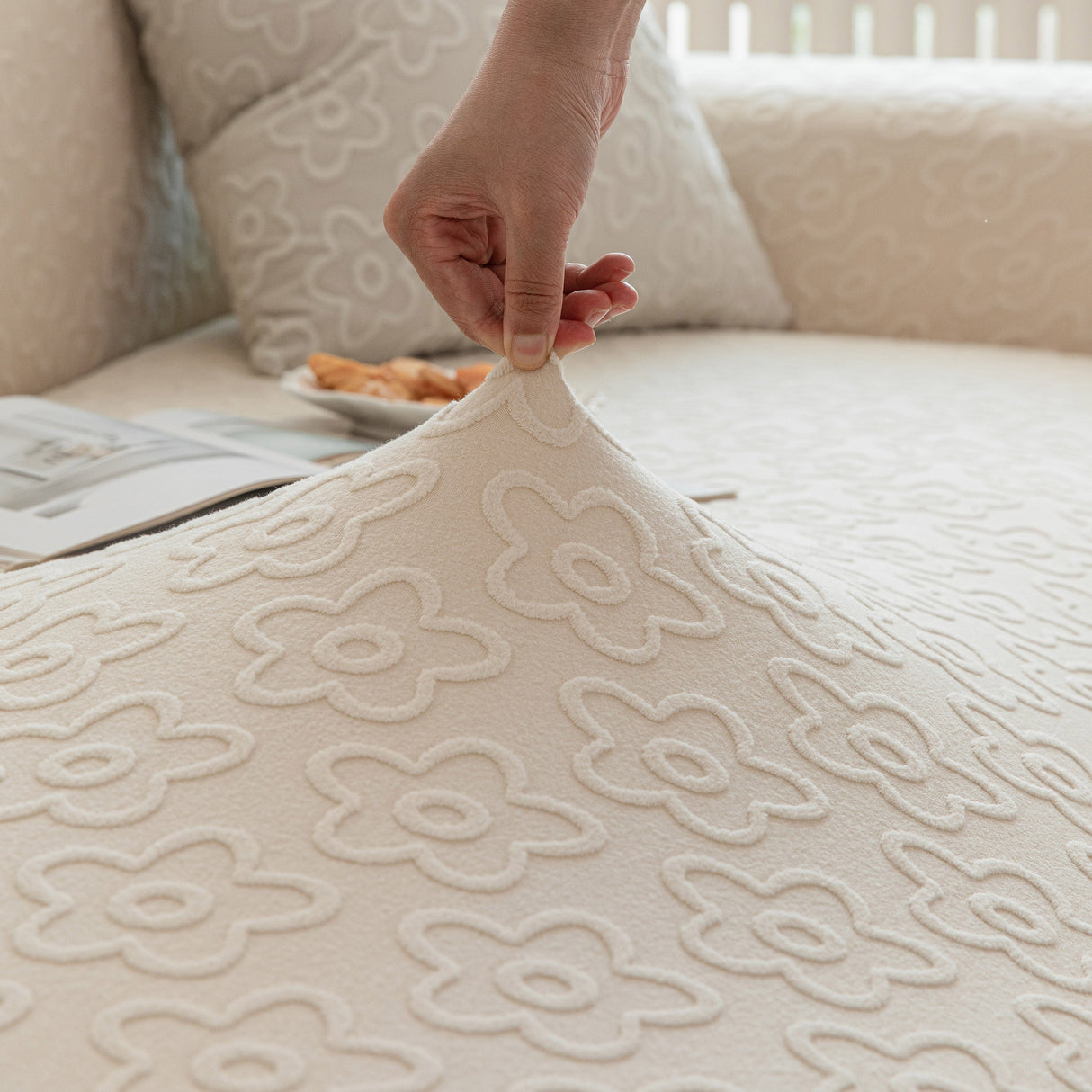 High Stretch Jacquard Sofa Slipcover, Soft Spandex Textured Floral Couch Cover