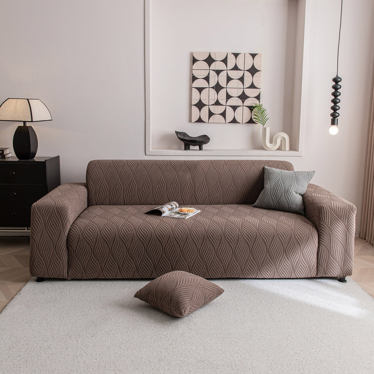 Modern Wavy Jacquard Sofa Slipcover, High Stretch Sofa Cover with 3D Organic Texture