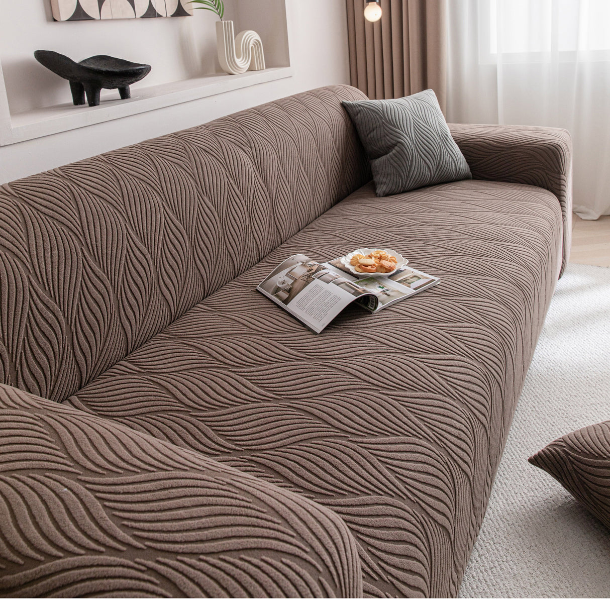 Modern Wavy Jacquard Sofa Slipcover, High Stretch Sofa Cover with 3D Organic Texture
