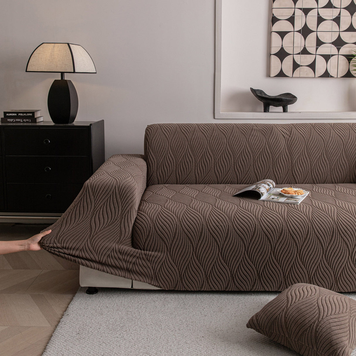 Modern Wavy Jacquard Sofa Slipcover, High Stretch Sofa Cover with 3D Organic Texture