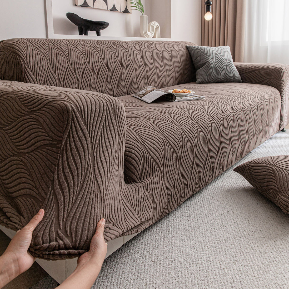 Modern Wavy Jacquard Sofa Slipcover, High Stretch Sofa Cover with 3D Organic Texture