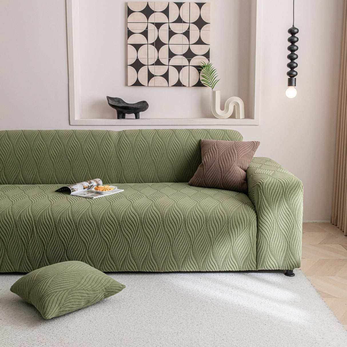 Modern Wavy Jacquard Sofa Slipcover, High Stretch Sofa Cover with 3D Organic Texture