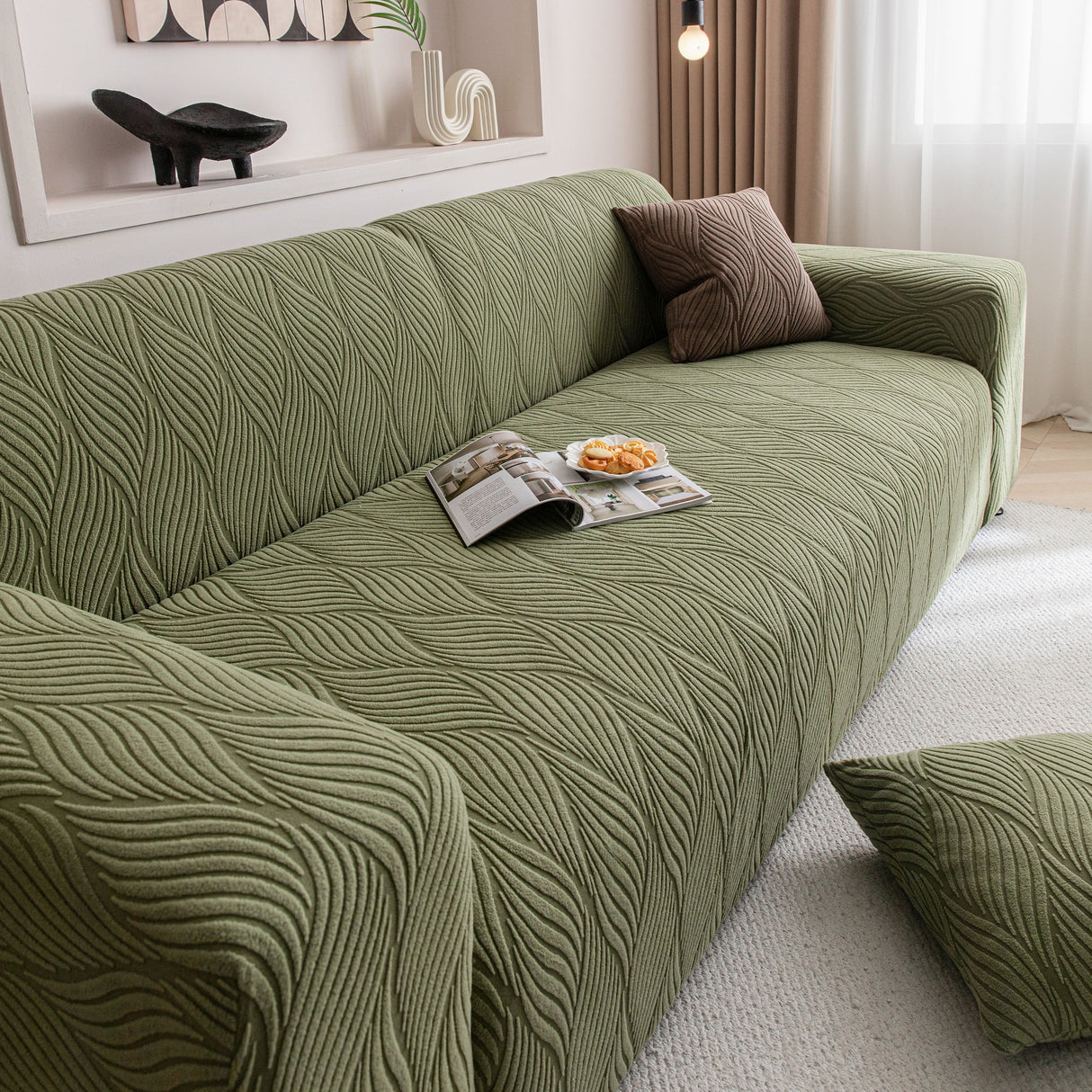 Modern Wavy Jacquard Sofa Slipcover, High Stretch Sofa Cover with 3D Organic Texture