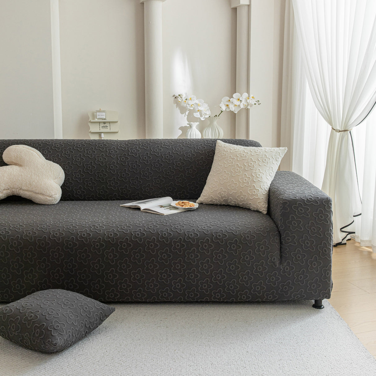 High Stretch Jacquard Sofa Slipcover, Soft Spandex Textured Floral Couch Cover