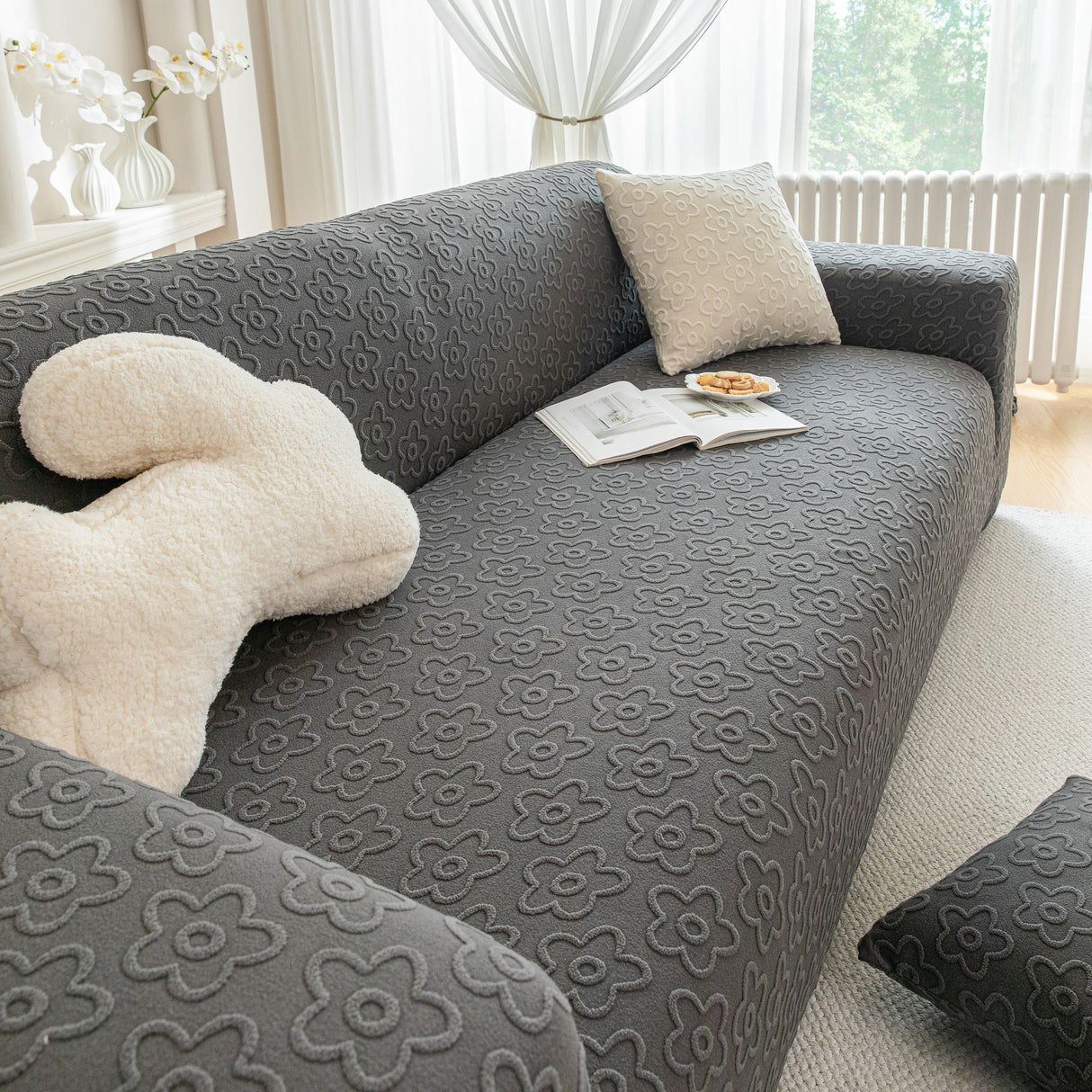 High Stretch Jacquard Sofa Slipcover, Soft Spandex Textured Floral Couch Cover