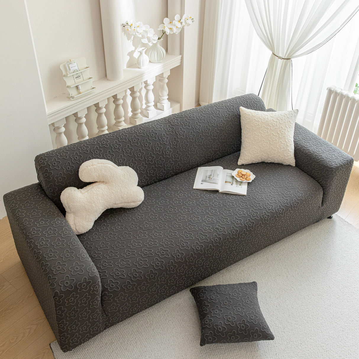 High Stretch Jacquard Sofa Slipcover, Soft Spandex Textured Floral Couch Cover