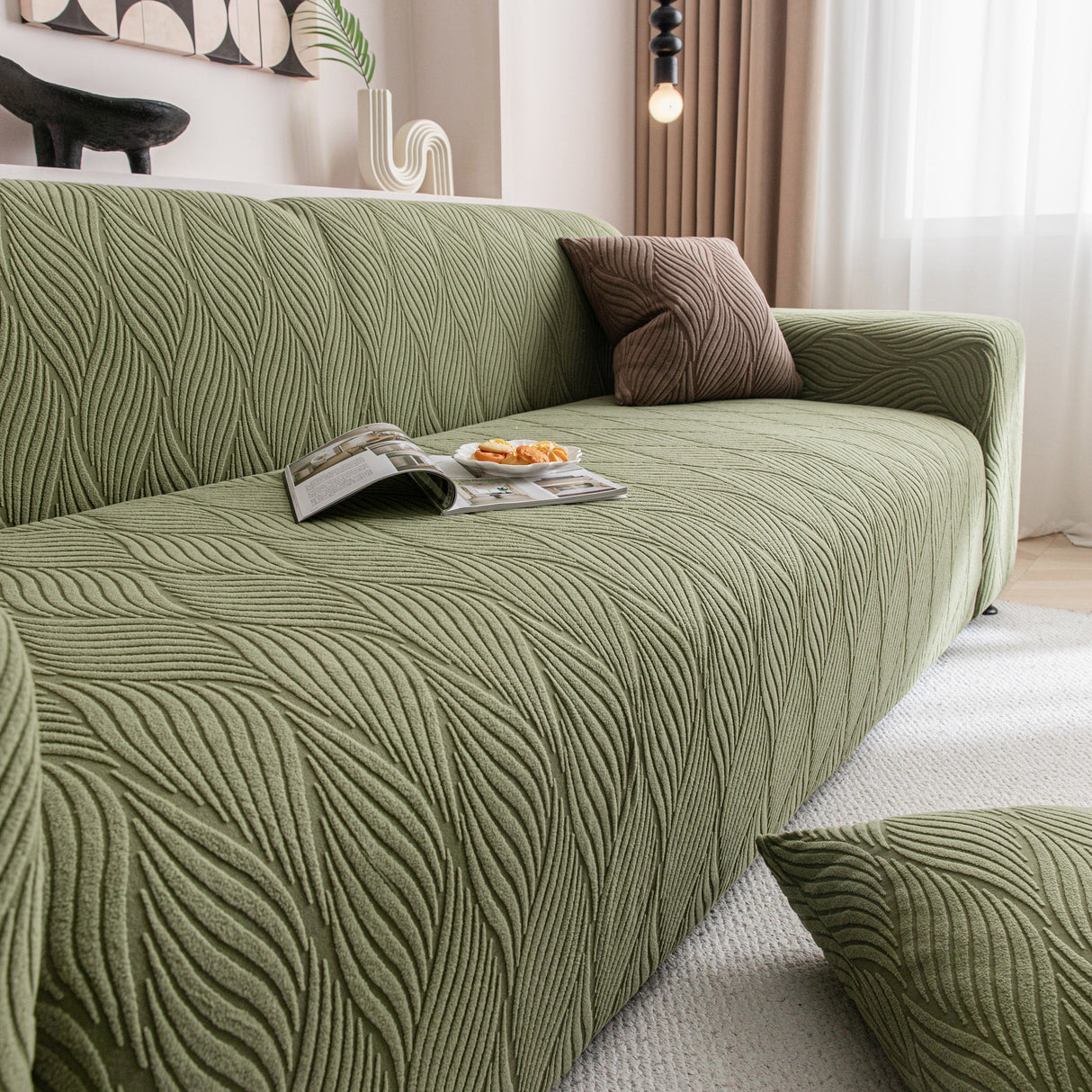 Modern Wavy Jacquard Sofa Slipcover, High Stretch Sofa Cover with 3D Organic Texture