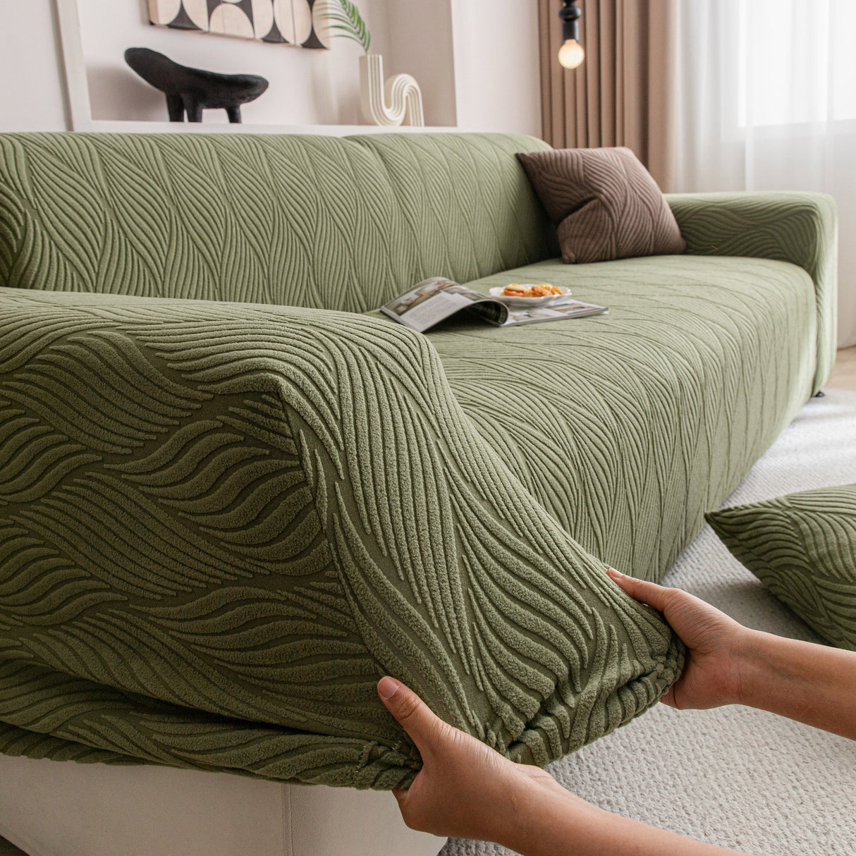 Modern Wavy Jacquard Sofa Slipcover, High Stretch Sofa Cover with 3D Organic Texture