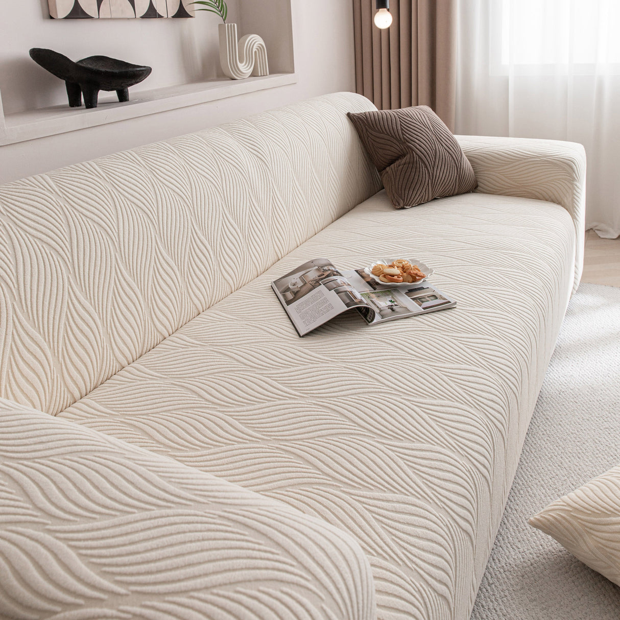 Modern Wavy Jacquard Sofa Slipcover, High Stretch Sofa Cover with 3D Organic Texture