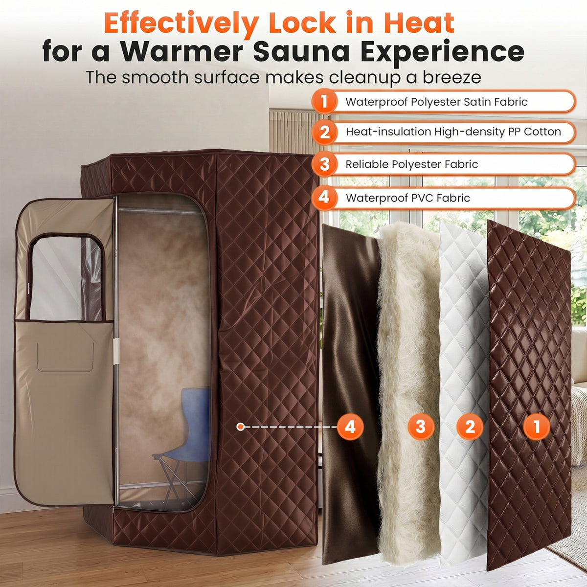 3L Portable Steam Sauna for Home Fast-Heat with 9-Level Remote Control and Folding Chair-Brown