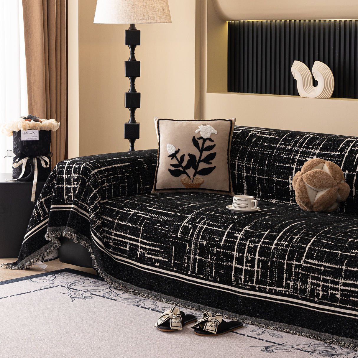 Modern Couch Protector Blanket Woven Chenille Sofa Cover Throw with Artistic Grid