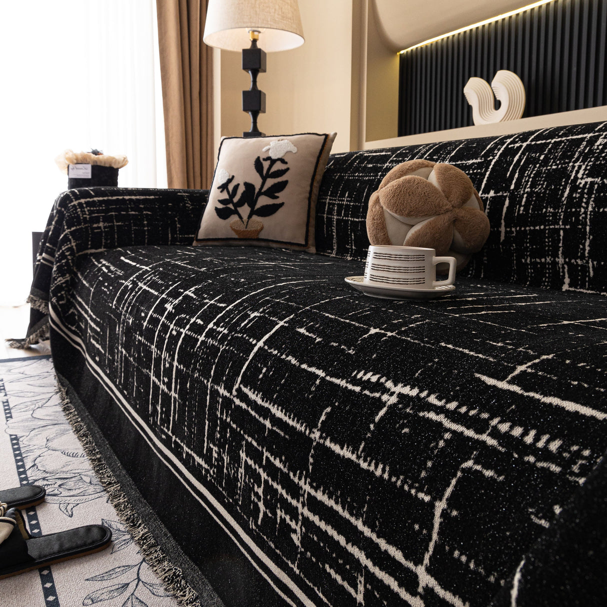 Modern Couch Protector Blanket Woven Chenille Sofa Cover Throw with Artistic Grid