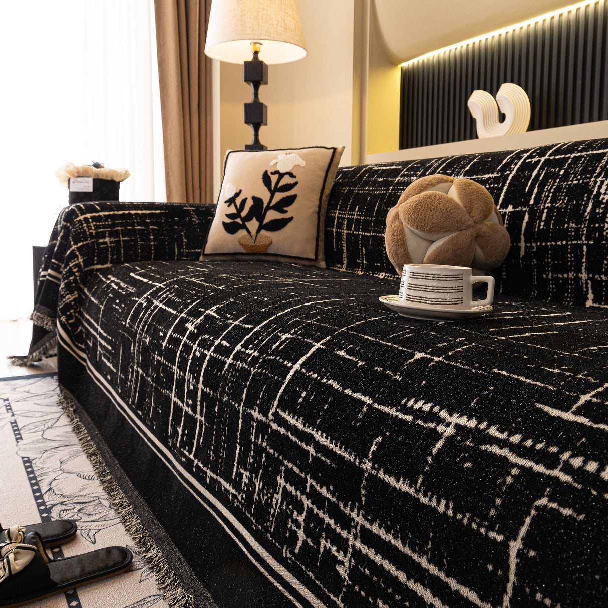 Modern Couch Protector Blanket Woven Chenille Sofa Cover Throw with Artistic Grid