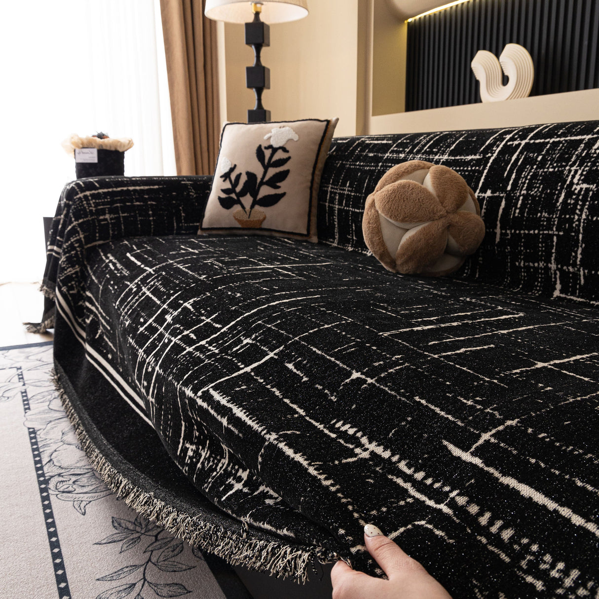 Modern Couch Protector Blanket Woven Chenille Sofa Cover Throw with Artistic Grid