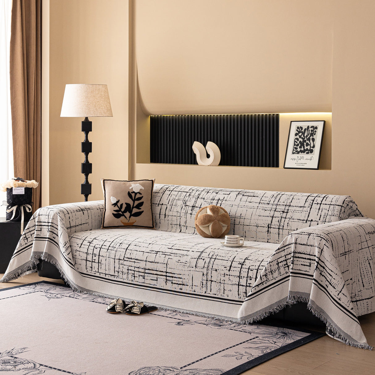 Modern Couch Protector Blanket Woven Chenille Sofa Cover Throw with Artistic Grid