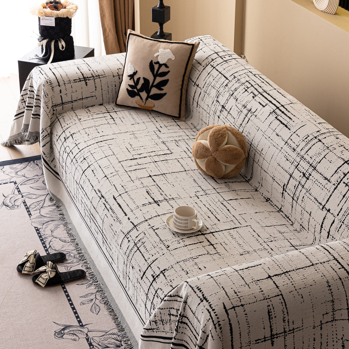 Modern Couch Protector Blanket Woven Chenille Sofa Cover Throw with Artistic Grid