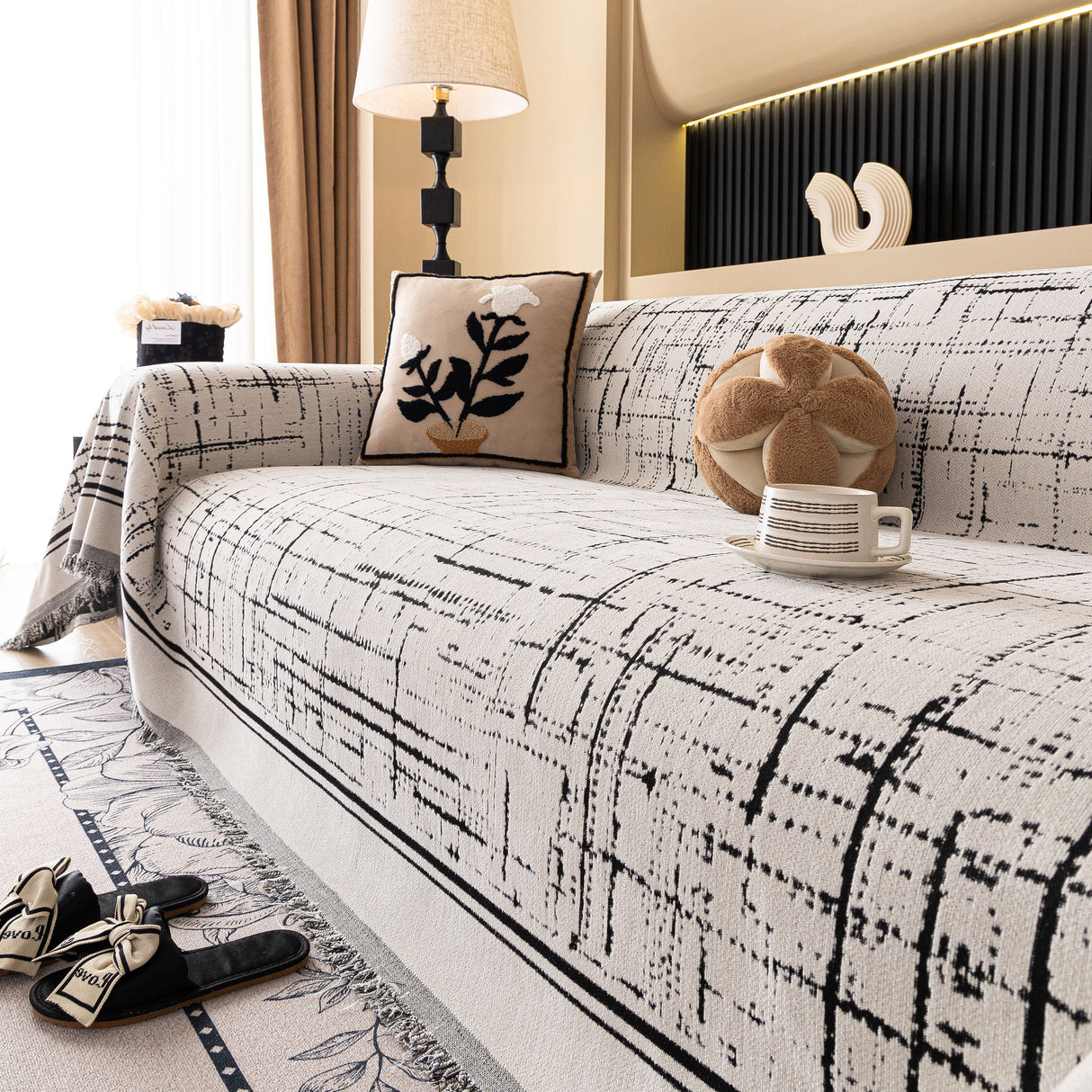 Modern Couch Protector Blanket Woven Chenille Sofa Cover Throw with Artistic Grid