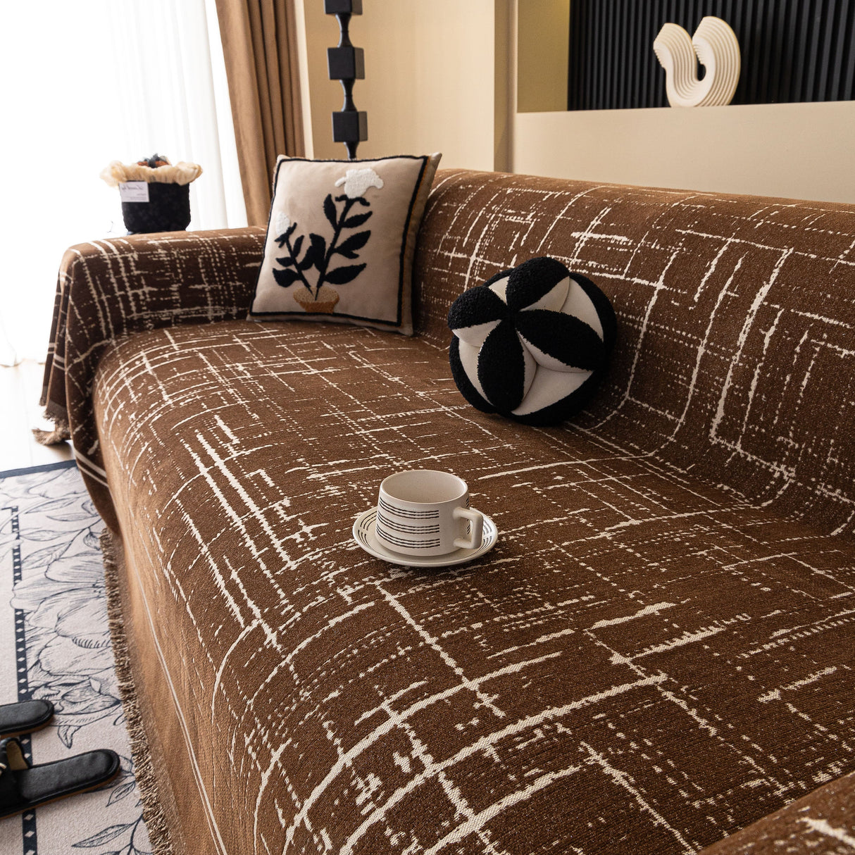 Modern Couch Protector Blanket Woven Chenille Sofa Cover Throw with Artistic Grid