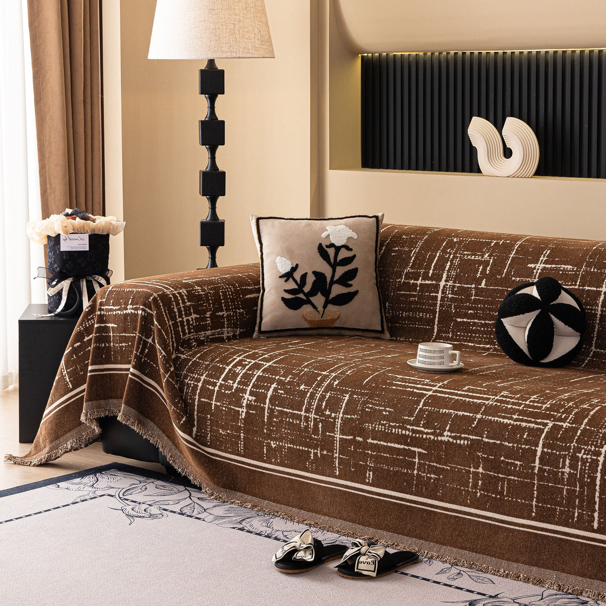 Modern Couch Protector Blanket Woven Chenille Sofa Cover Throw with Artistic Grid