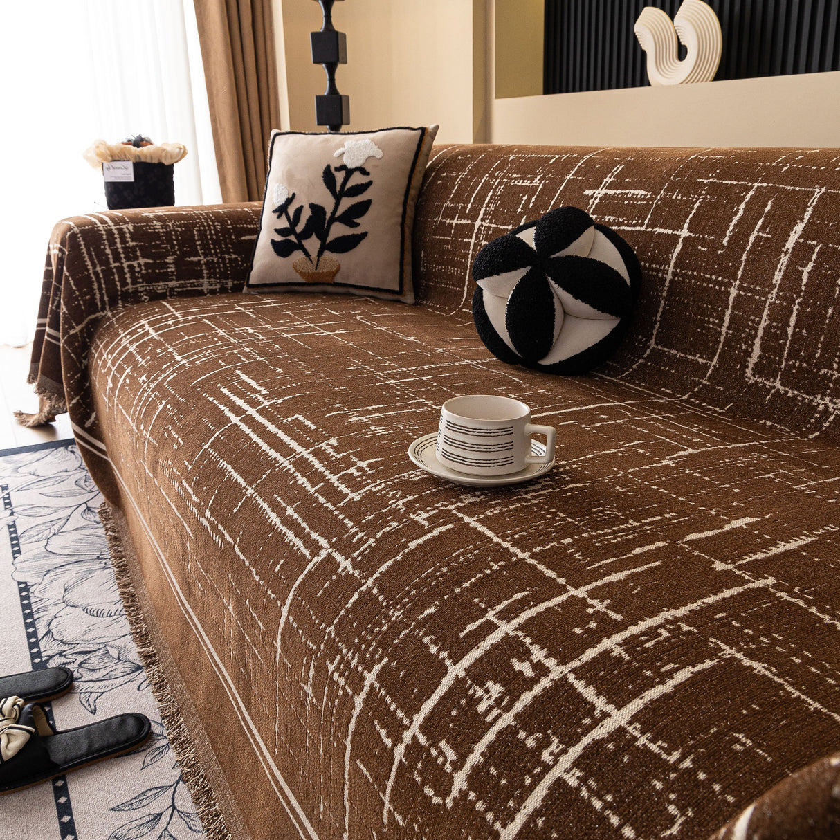 Modern Couch Protector Blanket Woven Chenille Sofa Cover Throw with Artistic Grid