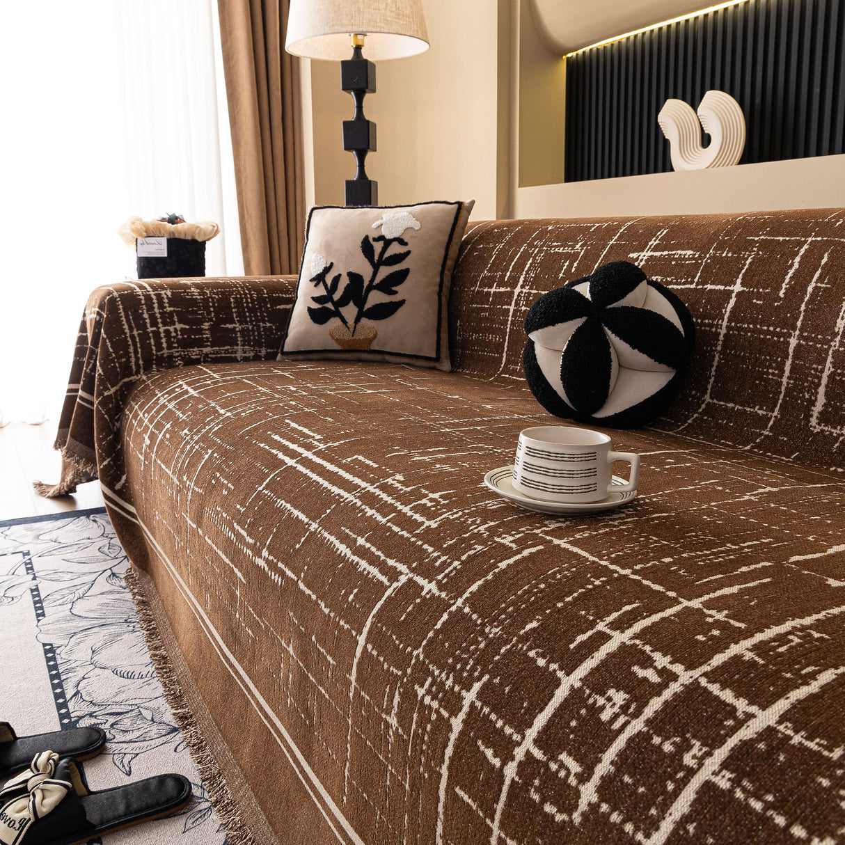 Modern Couch Protector Blanket Woven Chenille Sofa Cover Throw with Artistic Grid