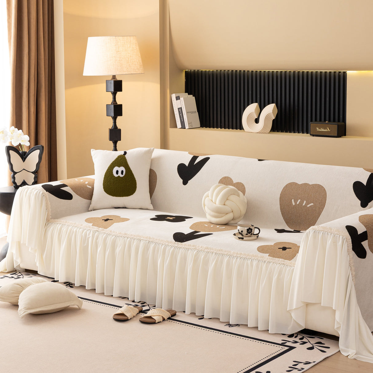 Retro Floral Sofa Cover with Sheer Ruffle Skirt, Decorative Sofa Protector Cover