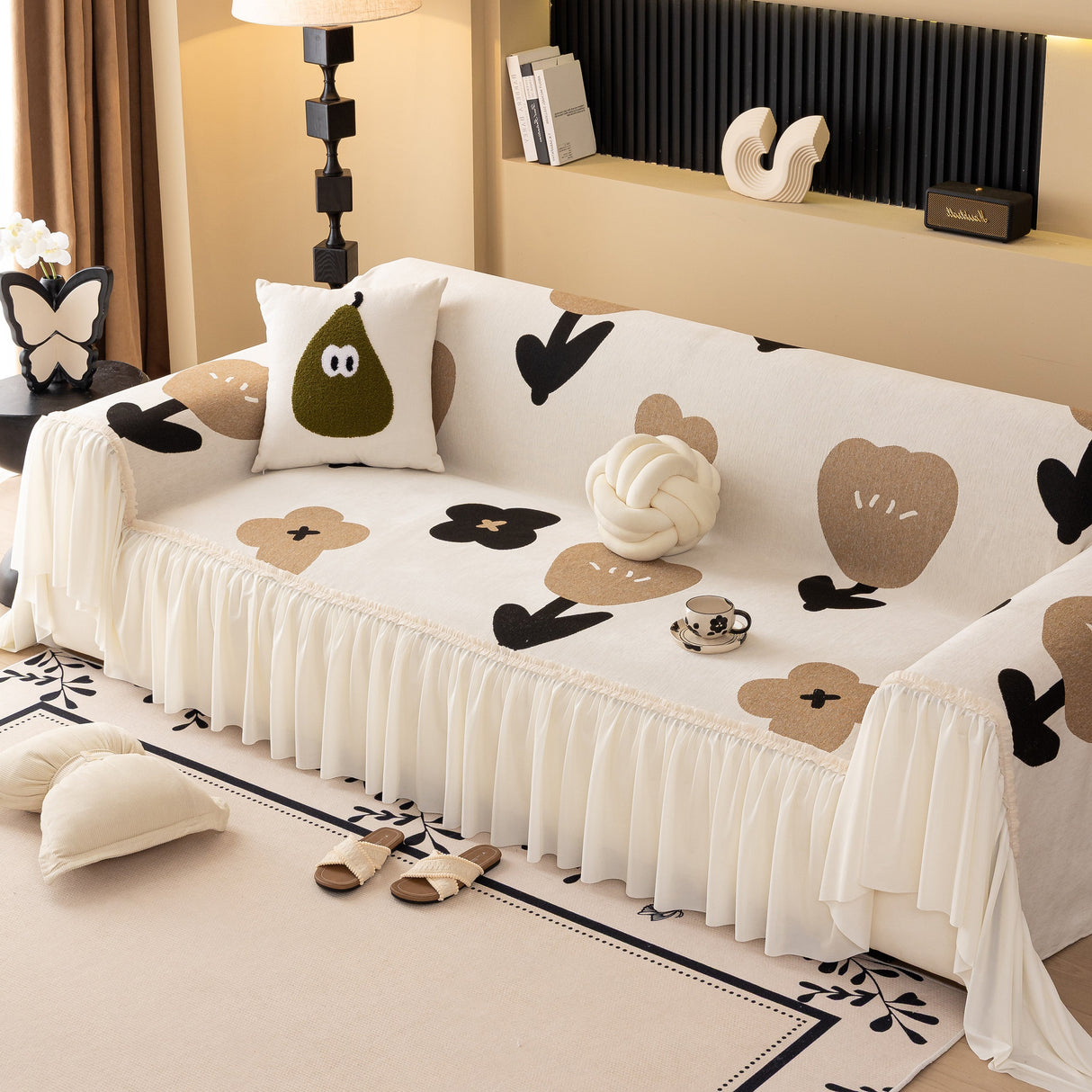 Retro Floral Sofa Cover with Sheer Ruffle Skirt, Decorative Sofa Protector Cover