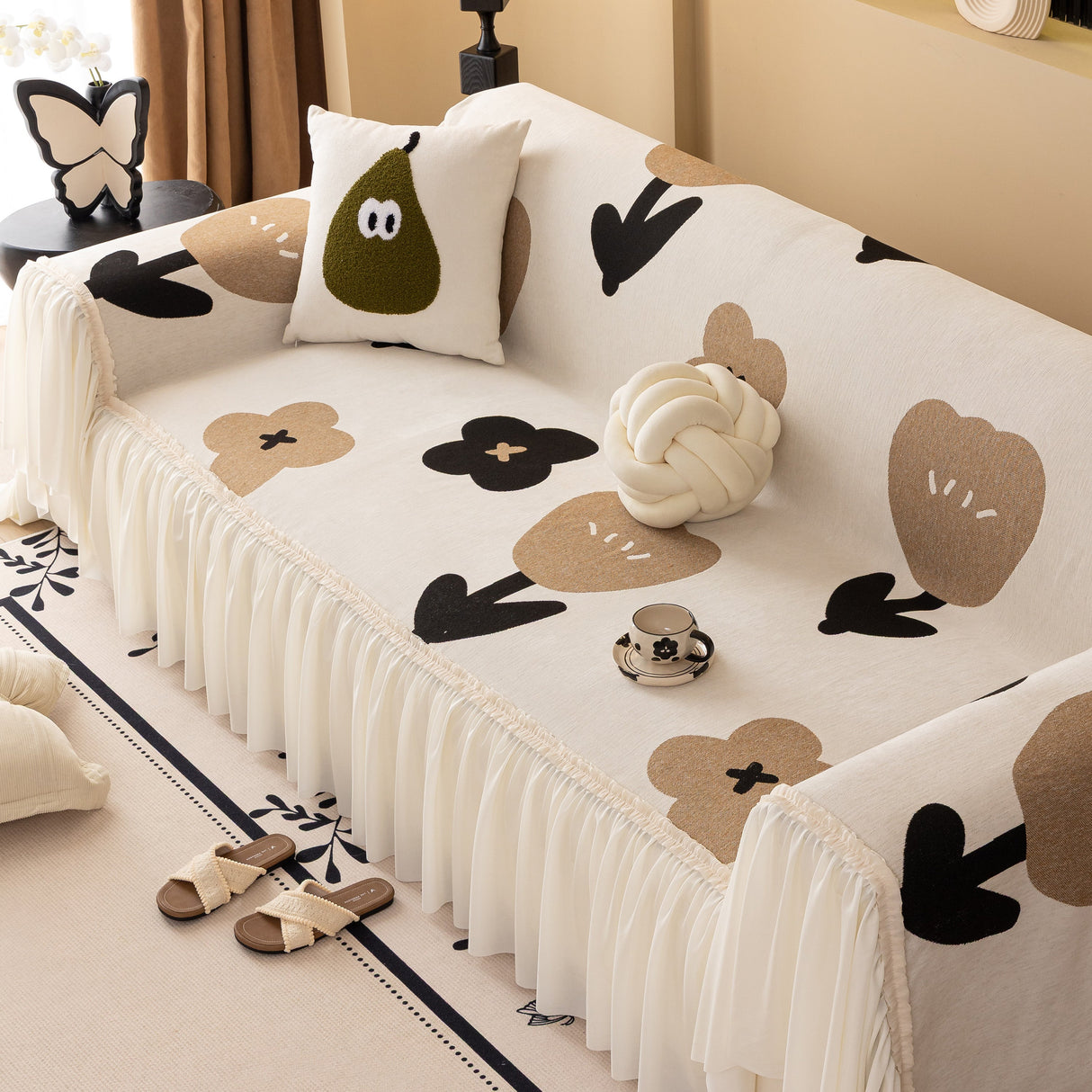 Retro Floral Sofa Cover with Sheer Ruffle Skirt, Decorative Sofa Protector Cover