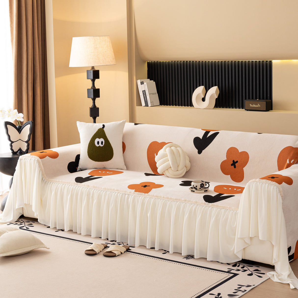 Retro Floral Sofa Cover with Sheer Ruffle Skirt, Decorative Sofa Protector Cover