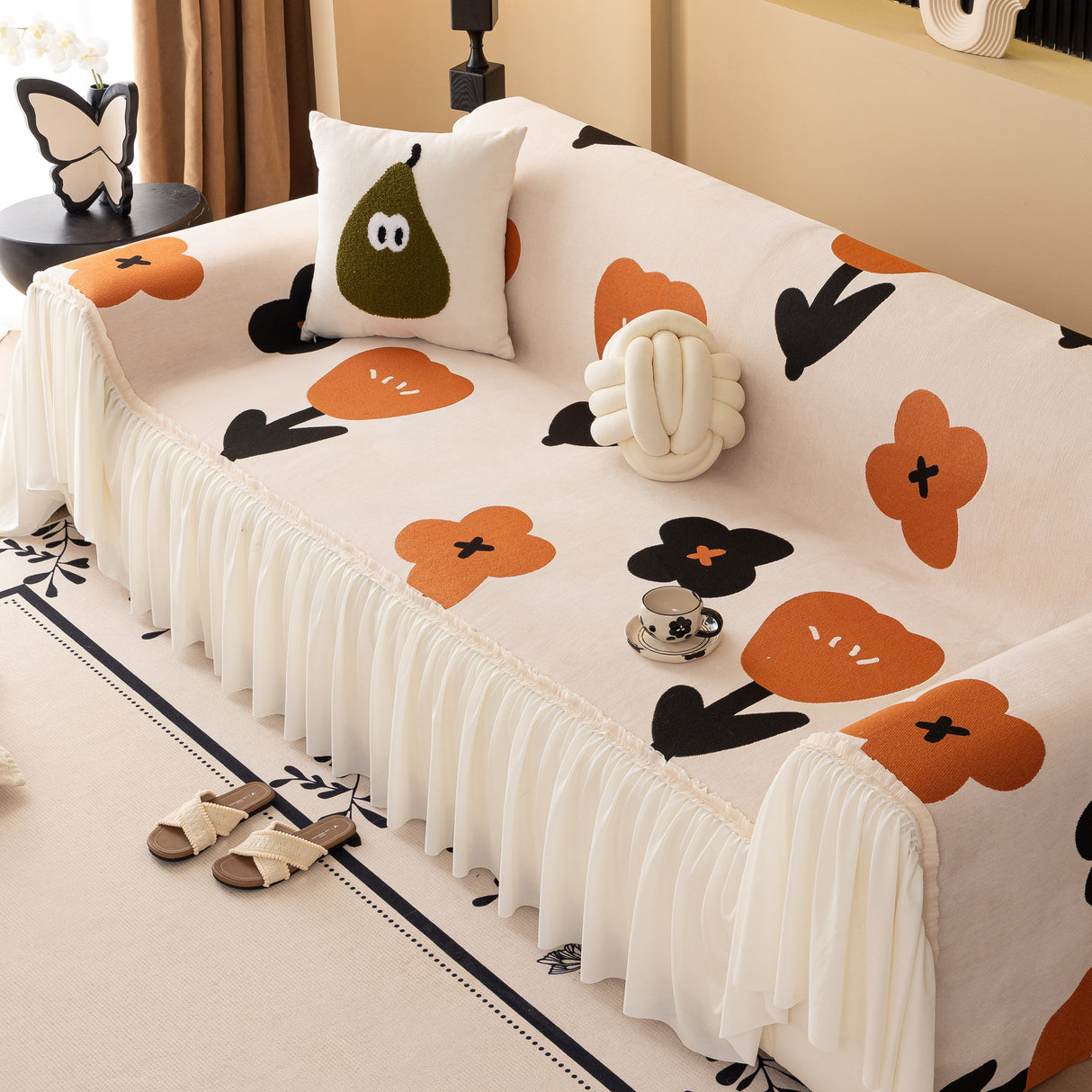 Retro Floral Sofa Cover with Sheer Ruffle Skirt, Decorative Sofa Protector Cover