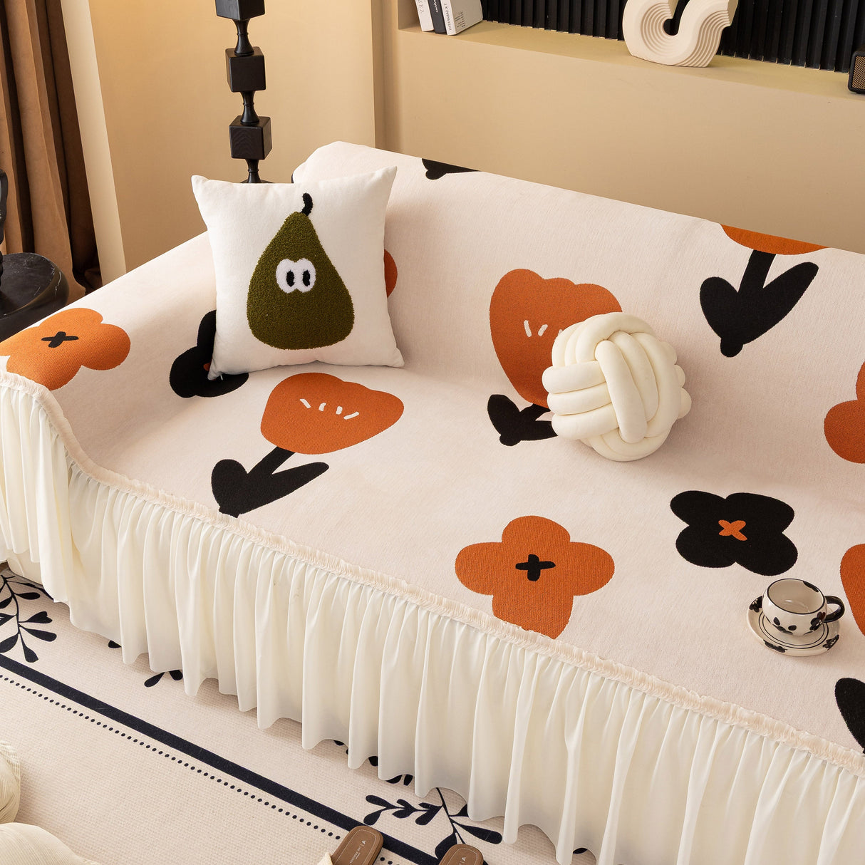 Retro Floral Sofa Cover with Sheer Ruffle Skirt, Decorative Sofa Protector Cover