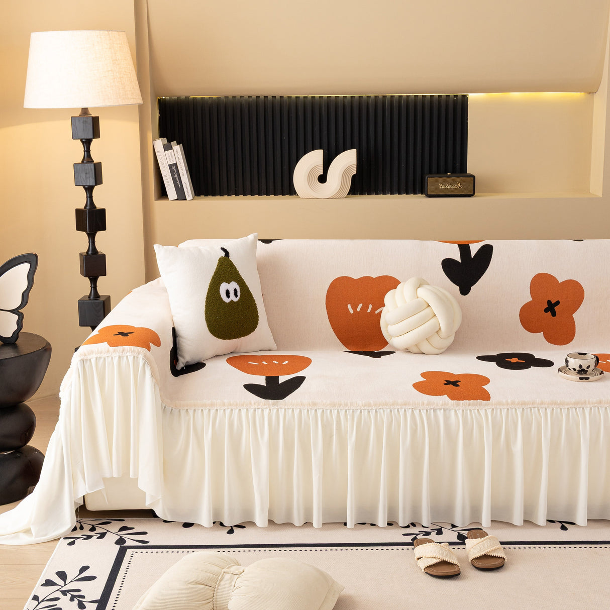 Retro Floral Sofa Cover with Sheer Ruffle Skirt, Decorative Sofa Protector Cover