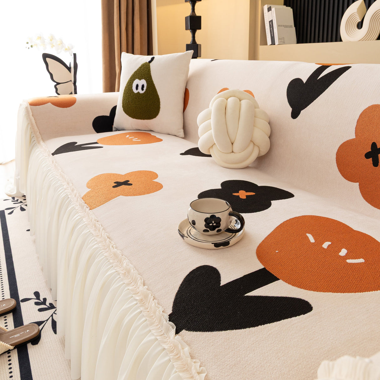 Retro Floral Sofa Cover with Sheer Ruffle Skirt, Decorative Sofa Protector Cover