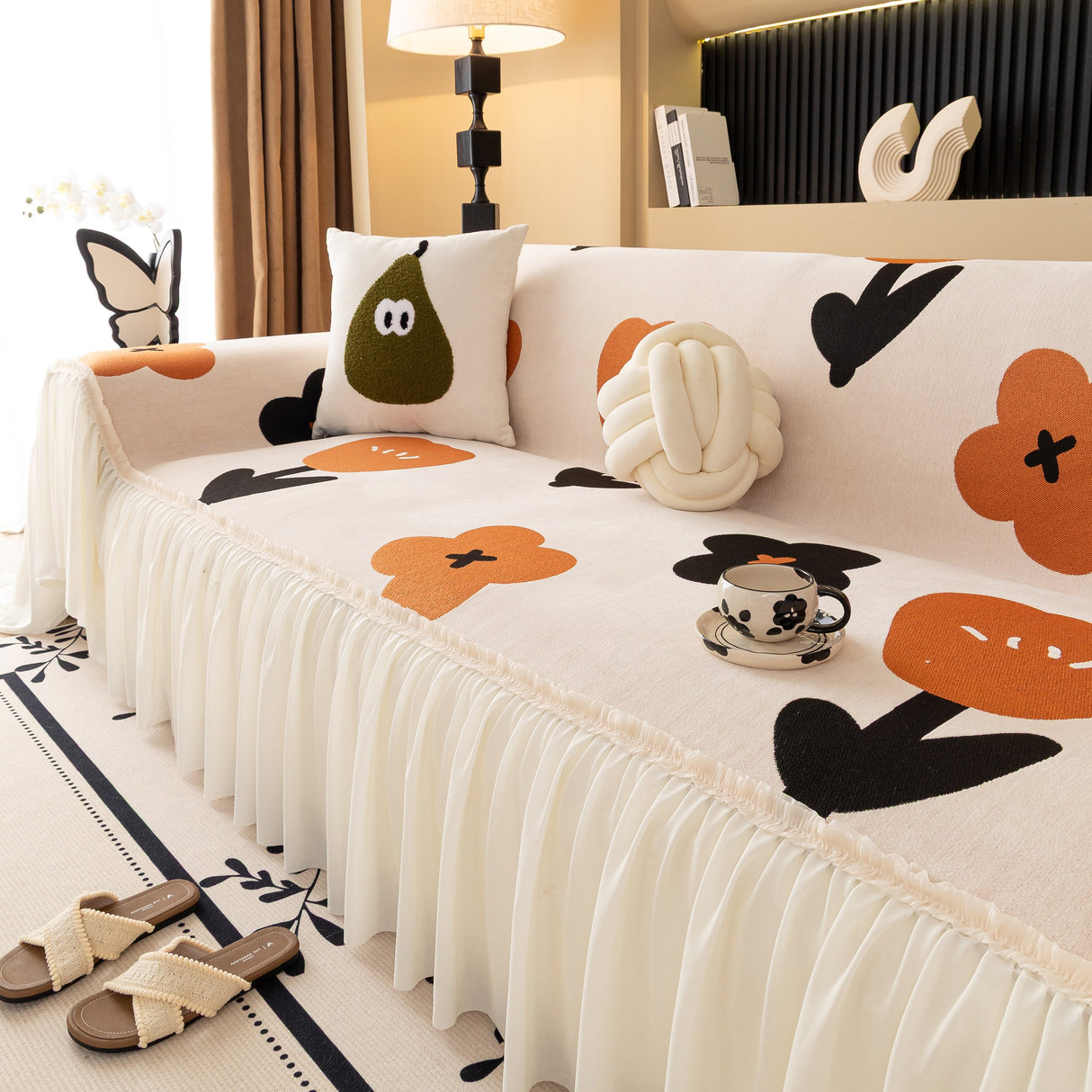 Retro Floral Sofa Cover with Sheer Ruffle Skirt, Decorative Sofa Protector Cover