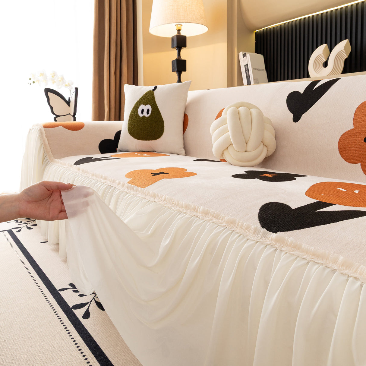 Retro Floral Sofa Cover with Sheer Ruffle Skirt, Decorative Sofa Protector Cover