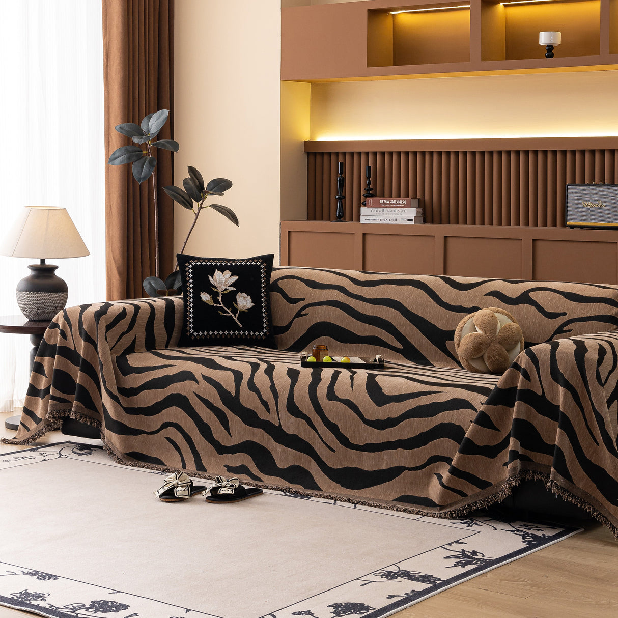 Zebra Striped Chenille Throw Sofa Cover Full-Cover Decorative Furniture Slipcover