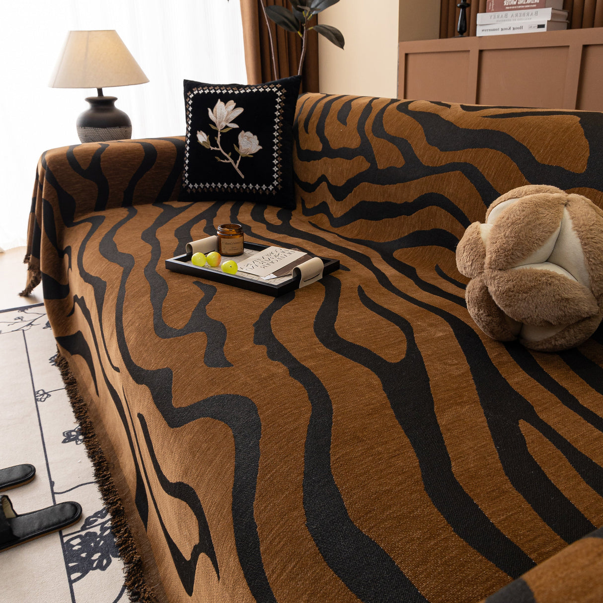 Zebra Striped Chenille Throw Sofa Cover Full-Cover Decorative Furniture Slipcover