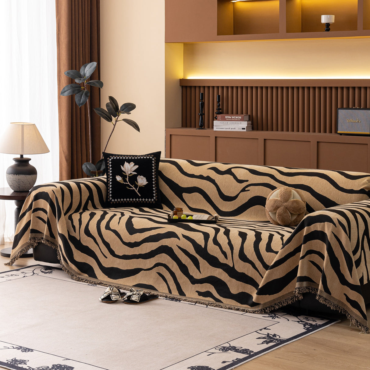 Zebra Striped Chenille Throw Sofa Cover Full-Cover Decorative Furniture Slipcover