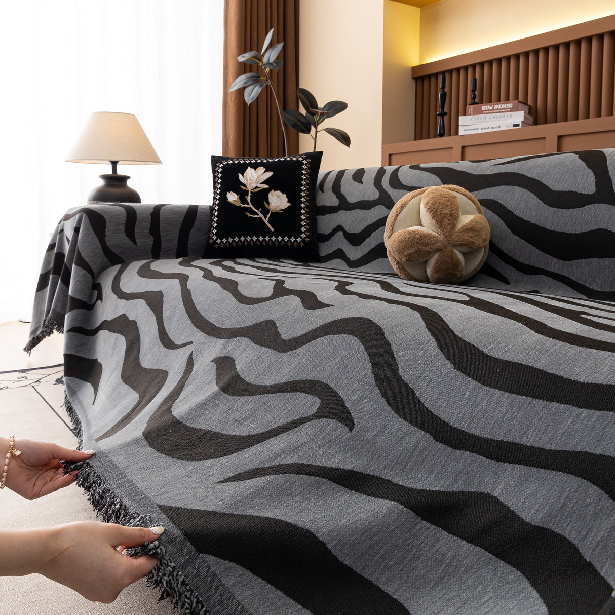 Zebra Striped Chenille Throw Sofa Cover Full-Cover Decorative Furniture Slipcover