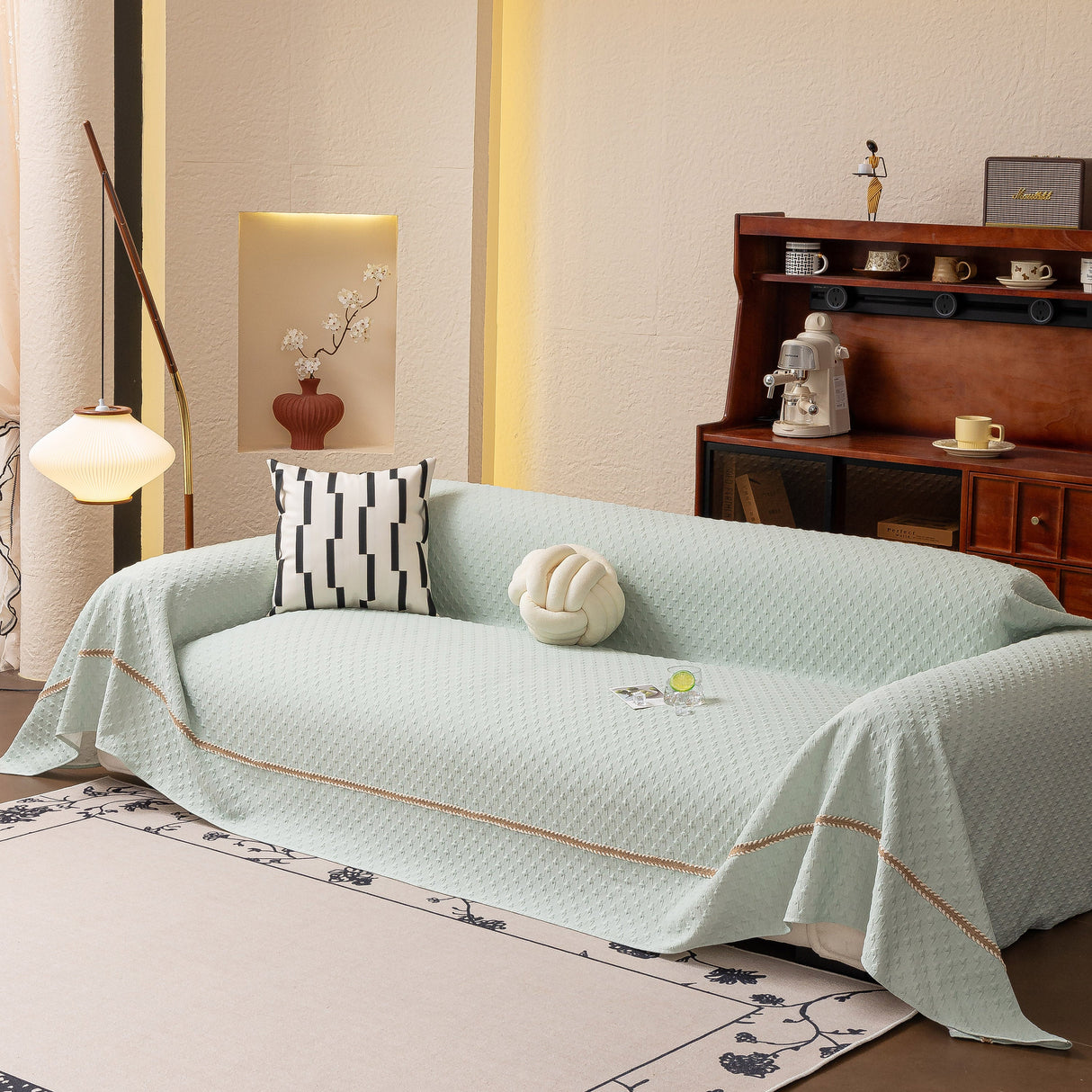 Jacquard Ice Silk Sofa Throw Cover with Gold Trim, Summer Cooling Couch Slipcover