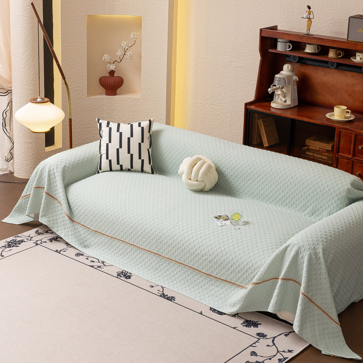 Jacquard Ice Silk Sofa Throw Cover with Gold Trim, Summer Cooling Couch Slipcover