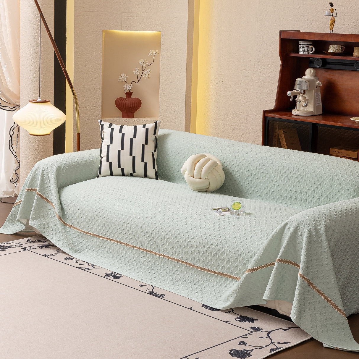 Jacquard Ice Silk Sofa Throw Cover with Gold Trim, Summer Cooling Couch Slipcover