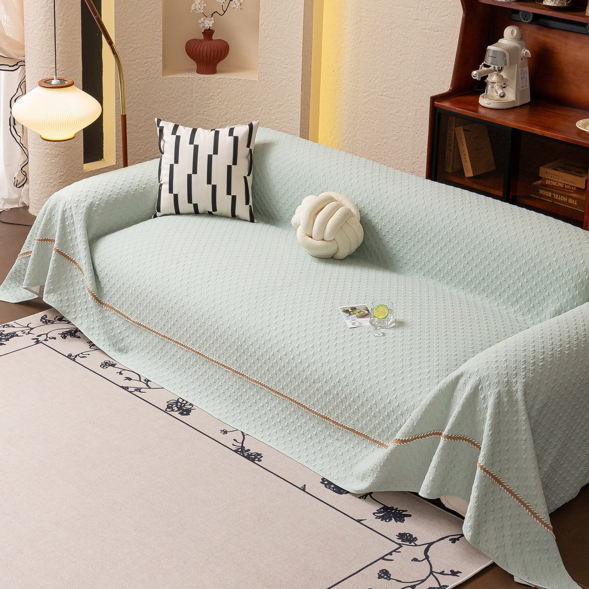 Jacquard Ice Silk Sofa Throw Cover with Gold Trim, Summer Cooling Couch Slipcover