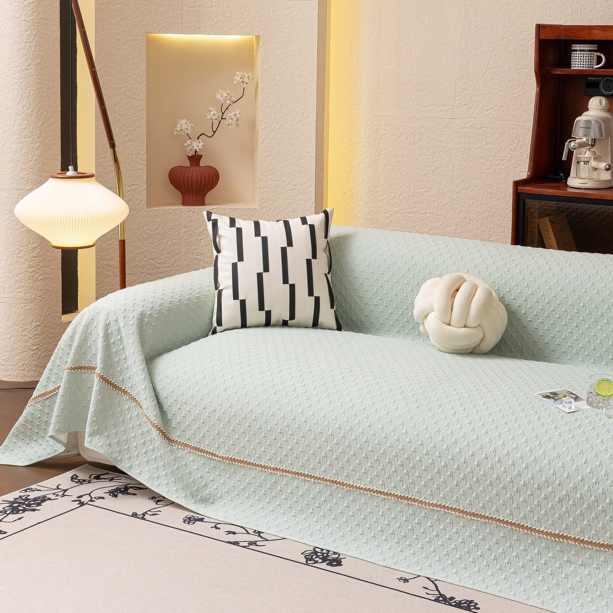 Jacquard Ice Silk Sofa Throw Cover with Gold Trim, Summer Cooling Couch Slipcover