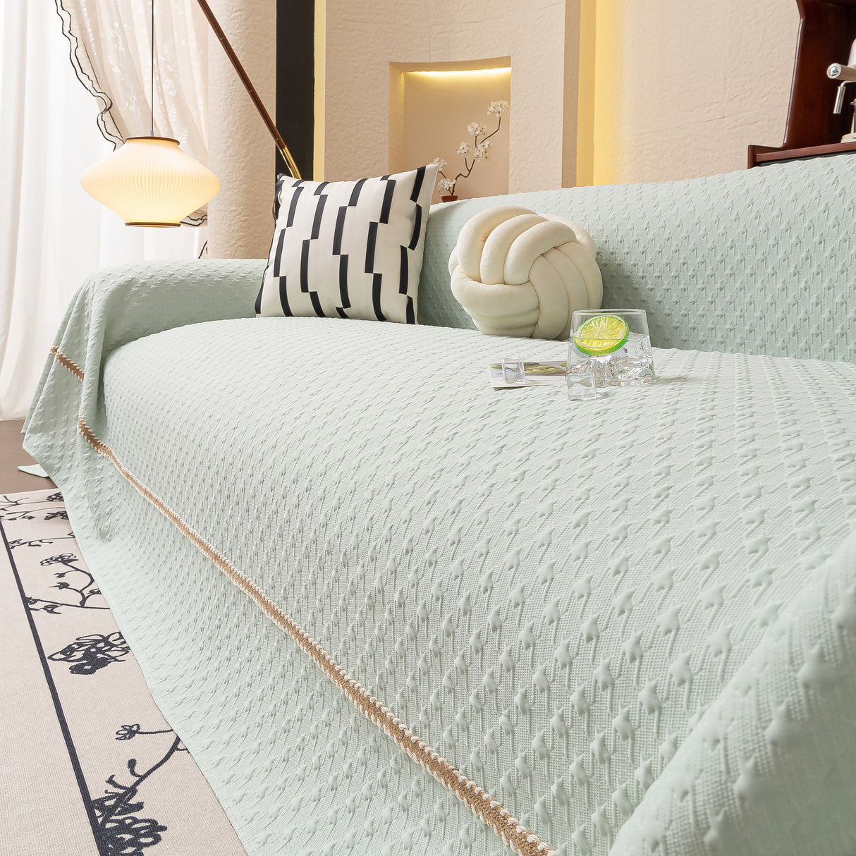 Jacquard Ice Silk Sofa Throw Cover with Gold Trim, Summer Cooling Couch Slipcover