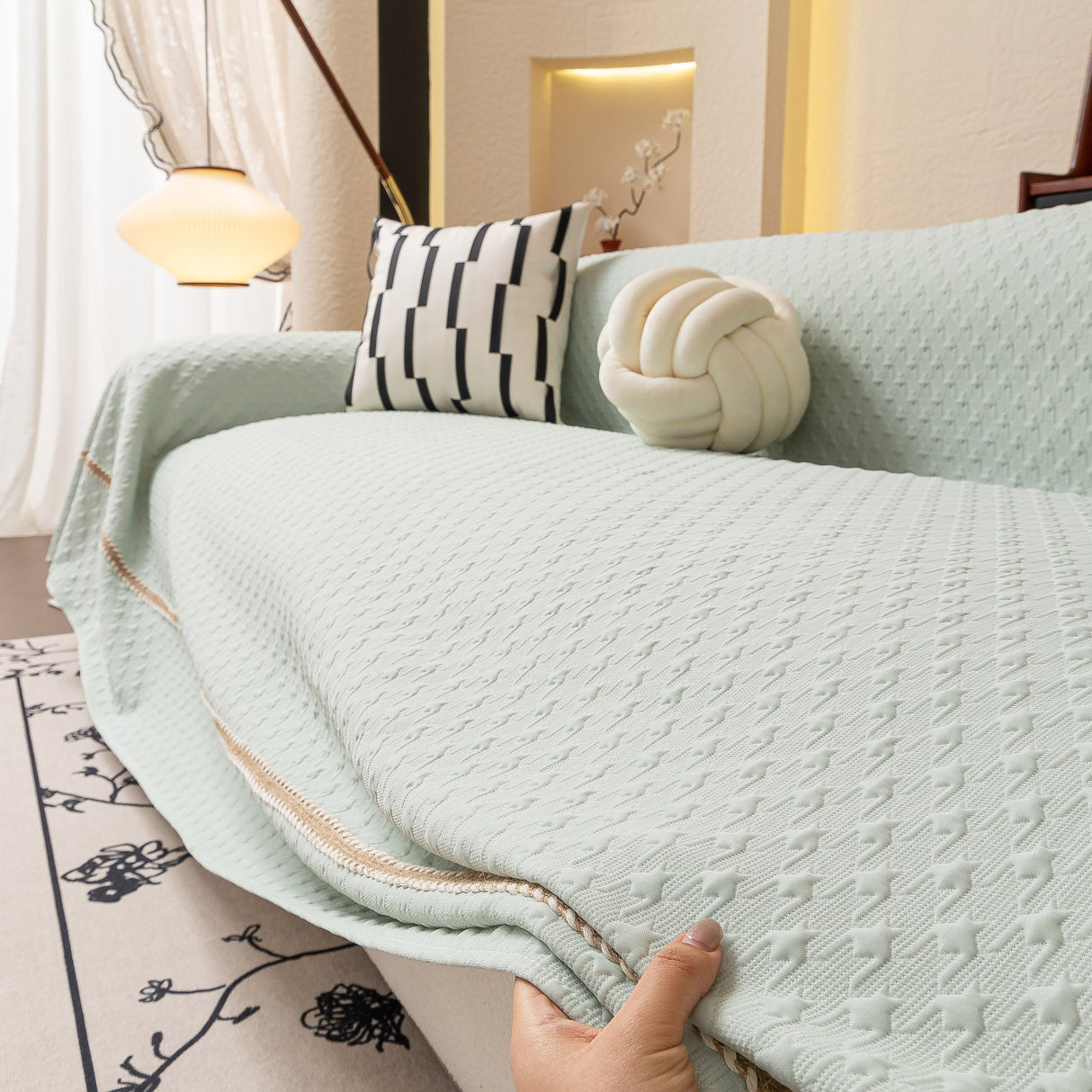 Jacquard Ice Silk Sofa Throw Cover with Gold Trim, Summer Cooling Couch Slipcover